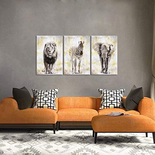 iHAPPYWALL, комплект от 3 теми, Стенно изкуство с африкански животни, Сиво и Златен Лъв, Зебра, Слон, Реколта Картина на Дивата Природа за Дома Спални, Растянутая и оформена, готова да бъде обесен 16x24inchx3pcs