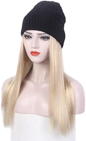YXBDN Модни европейската и американската дамска шапка за коса, една дълга права светла перука и шапка, една черна вязаная хет-перука