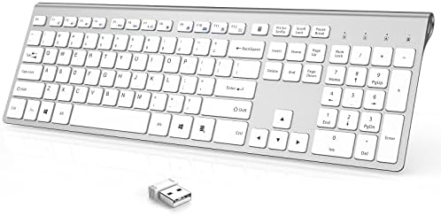 Безжична клавиатура J JOYACCESS, Акумулаторна 2,4 G, Ультратонкая пълен размер Тиха Безжична Компютърна клавиатура с цифрова клавиатура за лаптоп/Компютър/настолен компютър / PC/Windows - Сребристо-Бял