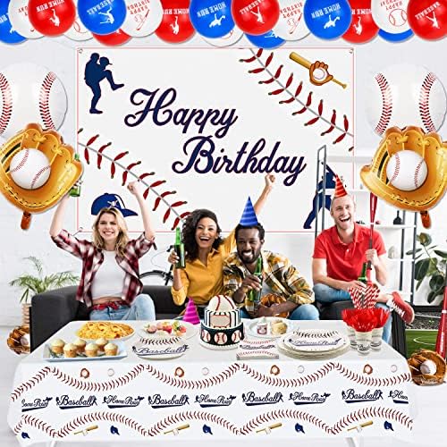 Украса за бейзбол партита - Включително бейзболен фон, Чинии, Чаши, Салфетки, прибори, Покривка, балони, за да проверите за рождения Ден на спортна тематика за деца, фенове бейзбол, 184 бр. на 20 порции
