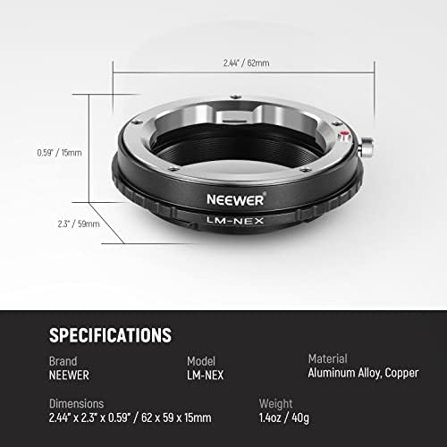 Адаптер за закрепване на обектива NEEWER с пръстен за ръчно фокусиране, съвместим с обектив Leica M Mount фотоапарати на Sony E-Mount, съвместим с Sony A1 A9 A7 A7C A7R A7S A6600 A6400 A5000 NEX-7 И NEX-6 NEX-5 ZV-E10