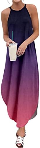 Рокли iQKA за жени наклон на цвят, без ръкав, с кръгло деколте, с цепка, лятно ежедневна рокля на бретелях за бременни, дълъг сарафан midi