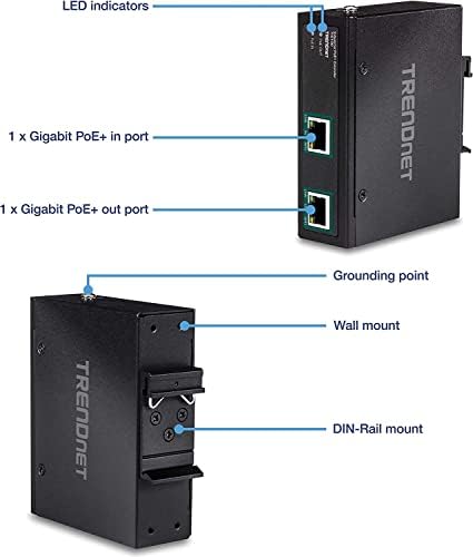 Промишлен gigabit удължител TRENDnet PoE +, TI-E100, Однопортовый PoE, захранване през Ethernet, Поддържа PoE (15,4 W) и PoE + (30 W), удължаване на 100 м, на Каскада от 2 устройства на разстояние до 300 м (984 фута),