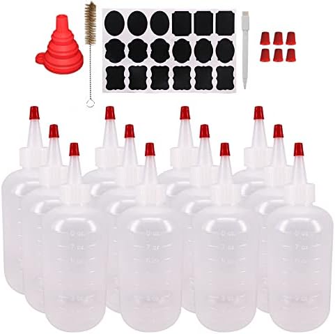 Belinlen 12 Опаковки, Пластмасови бутилки за изстискване до 6 унции с 12 бр. червени капачки и измерване - Подходящ за бродерия, изкуство, лепило, универсален комплект от 12 броя с 1 червена фуния
