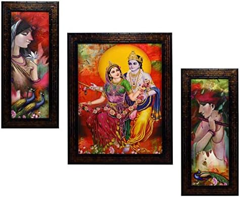 BBRATS Комплект от 3 теми с рисунки на флейта Радха Кришна Без стъкло 5,2 X 12,5, 9,5 X 12,5, 5,2 X 12,5 ИНЧА