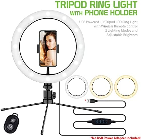 Светъл пръстен за селфи Трицветна светлина, който е Съвместим с вашите CAT S42 10 инча, с дистанционно управление за директно излъчване/грим/ YouTube / TikTok/ Видео /на снимките (Димиране /регулируем)
