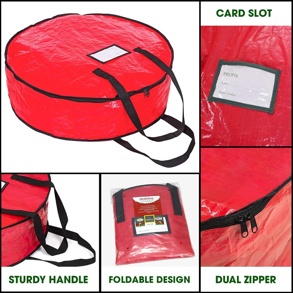 Чанта за съхранение на коледни венци ProPik 24 - Празничен контейнер за гирлянди от износостойкого материал - Със здрави дръжки и прозрачно отделение за карти памет - 2 опаковки (24 инча, червен)