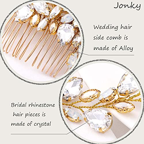 JONKY Кристален сватбена гребен за коса на булката, златна шнола за коса, фиби за коса с кристали, аксесоари за коса, сватбени странични гребени за жени и момичета