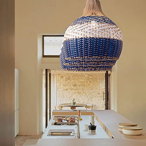 Висящи лампи May Cottage от ратан - 20-инчов Големи бяло-синя лампа в стил бохо с висящи кошница, модерни плетени полилей ръчно с регулируема Фитинги
