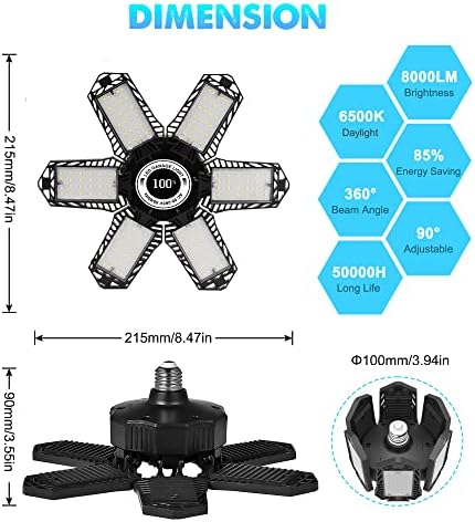 BRAINIAC 80W Led Гаражни осветителни Тела, Led Крушка 8000 Лумена с 6 Регулируеми Панели, Лампа дневна светлина 6500K Лампа за Гаражно осветление, Led Деформируемые Гаражни плафониери за Мазе, Работилница